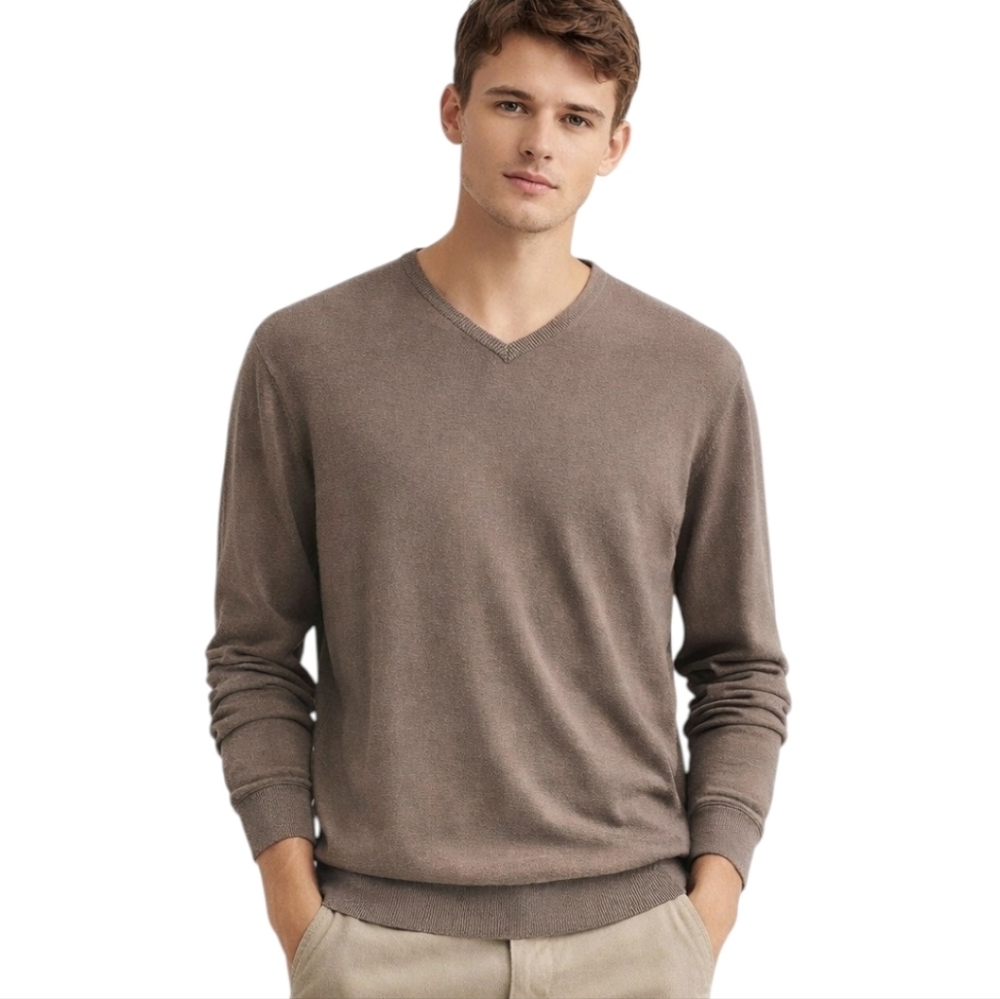Angelo Litrico Men's V Neck Sweater Large Beige %100 Cotton
